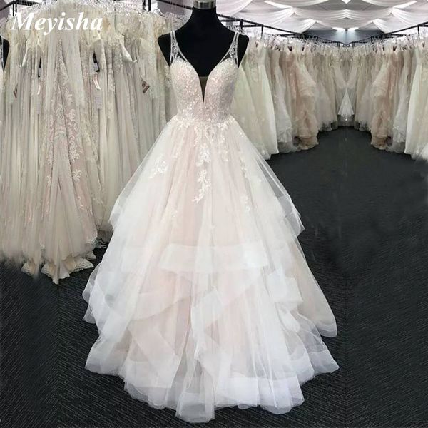 Image of ENM 668807185 zj9204 2021 lovely ruffles layered skirt lace wedding dress backless deep v neck tiered bridal gowns customer made