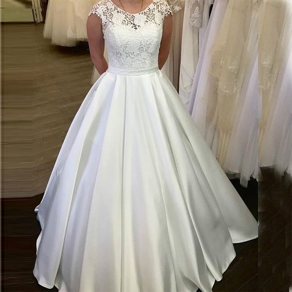 Image of ENM 668819023 zj9235 fashion high neck ball gown satin wedding dresses robe de mariee charming lace bodice floor-length formal bride dress plus size