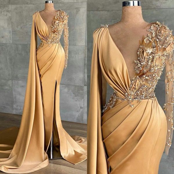 Image of ENM 670358830 2021 gold satin evening dresses for women beaded v neck high split mermaid prom party gowns long wrap formal robe de soirÃ©e