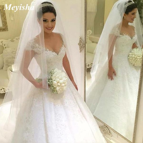 Image of ENM 670425326 zj9099 crystal flowers ball gown wedding dresses 2021 cap sleeve muslim lace appliques gowns bridal dress
