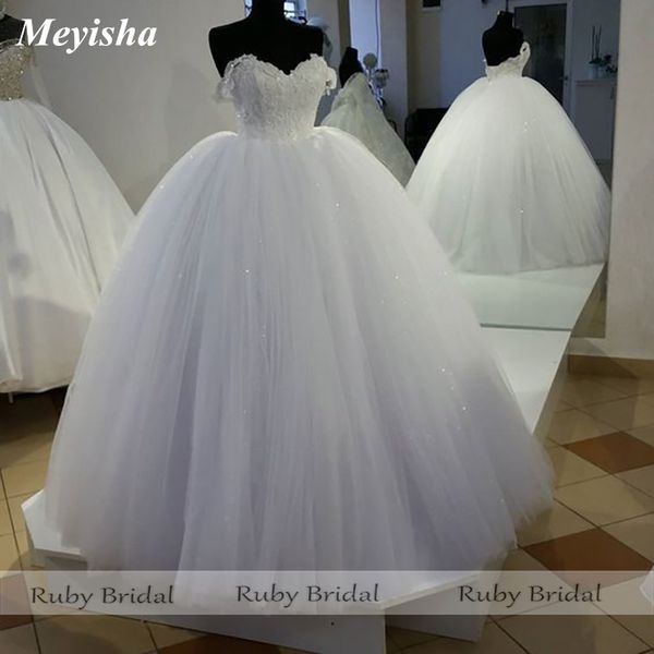 Image of ENM 670814729 zj9229 2021 ruby princess ball wedding dress bridal gown off shoulder white tulle appliques lace-up vestido de novia