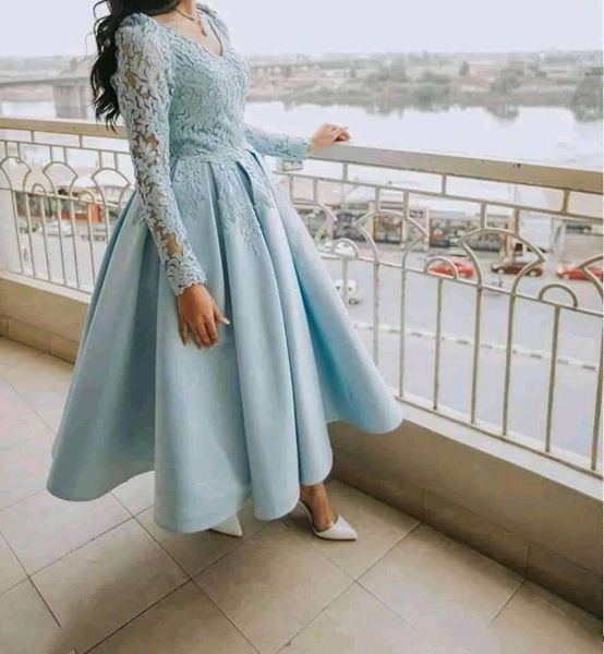 Image of ENM 671056066 ankle length long sleeve prom dresses 2022 lace appliques satin formal evening gowns girls homecoming dress deep v-neck special occasion wea