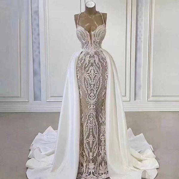 Image of ENM 674289017 vestido de noiva 2021 lace wedding dresses with detachabe train illusion appliqued long dubai arabic bridal gowns for women custom bride dre
