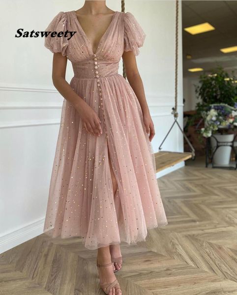 Image of ENM 679895098 glitter blush short prom dresses v-neck puff sleeves pleated tulle evening dresses buttons tea-length a-line party gowns