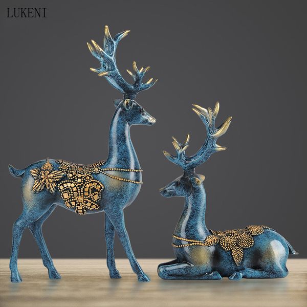 Image of ENM 684278195 resin crafts european style standing and prone position inlaid with precious beads couple deer ornaments 210414