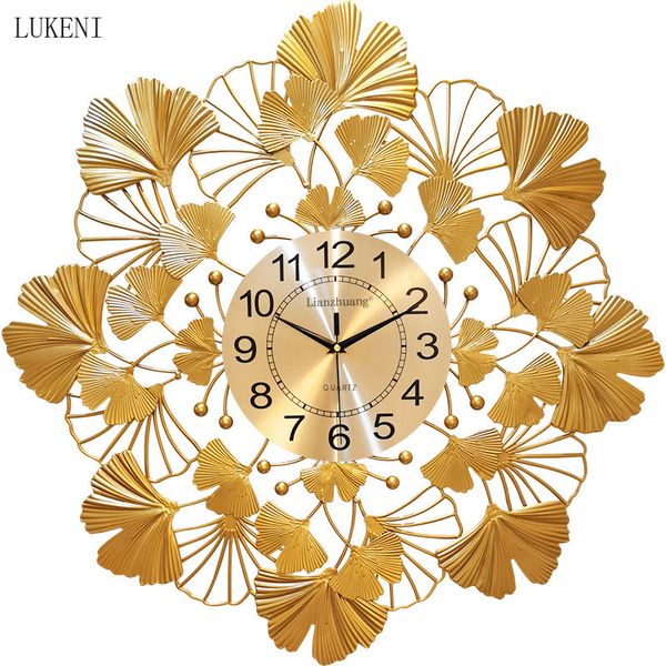 Image of ENM 684305730 american metal wall living room decoration creative golden ginkgo leaf atmosphere fashion european luxury clock watch 210414