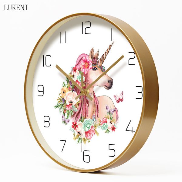 Image of ENM 684314484 pink unicorn golden stylish metal clock living room/bedroom/dining roomhome wall decor 210414