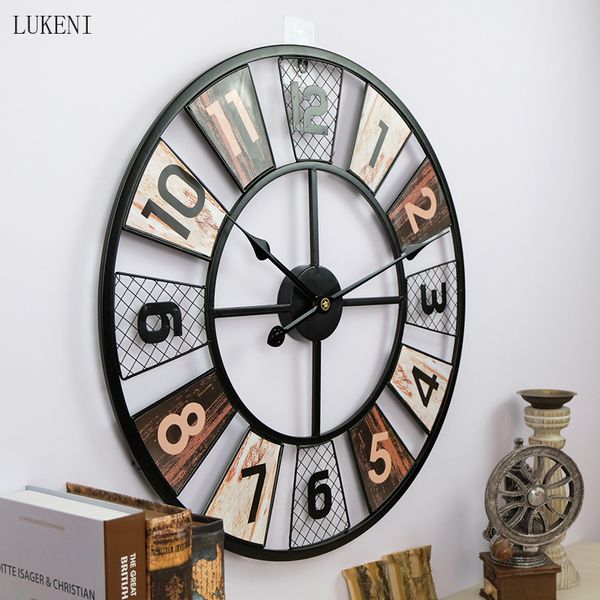 Image of ENM 684316809 iron american retro living room large size round 60cm metal clock creative decoration wall watch 210414