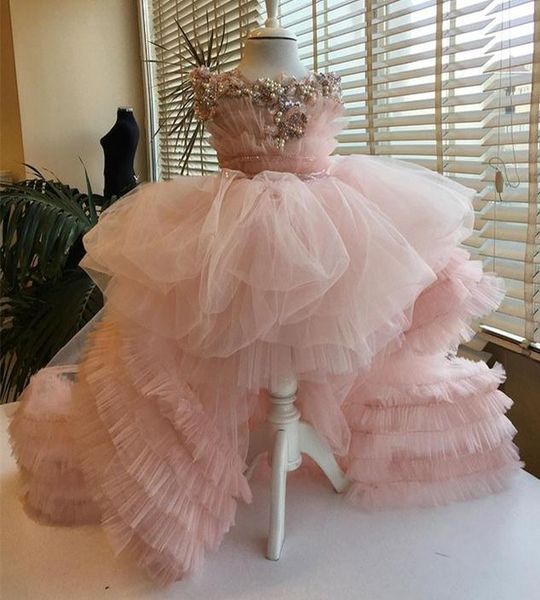 Image of ENM 685329202 luxury pink pearls flower girl dresses for wedding high low ruffles beaded applique baby birthday party dress girls pageant ball gowns kid c