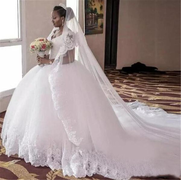 Image of ENM 687311958 long v neck applique beaded chapel train bridal gowns modest new arrivals tulle and lace ball gown wedding dresses plus size