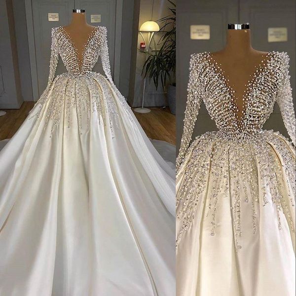 Image of ENM 687761446 2021 turkish beaded crystal pearls white satin ball gown wedding dresses bride dress v neck dubai arabic long sleeves bridal gowns middle ea