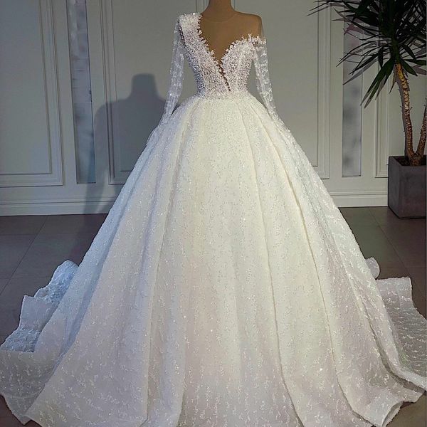 Image of ENM 691433934 a line beaded wedding dresses sheer neck lace long sleeve bridal gowns arabic dubai sequined plus size vestido de novia