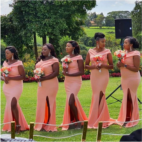 Image of ENM 693661798 african bridesmaid dresses 2021 pink side split wedding guest dress long off shoulder robe demoiselle d&#039honneur
