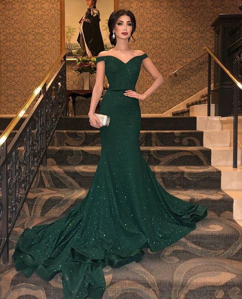 Image of ENM 694346553 vestidos de festa dark green evening dress long off the shoulder court train floor length formal party dresses