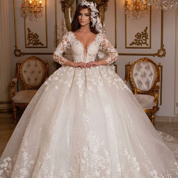 Image of ENM 695429613 stunning long sleeves ball gown wedding dresses lace appliques deep v neck sequins custom made bridal gowns vestido de novia