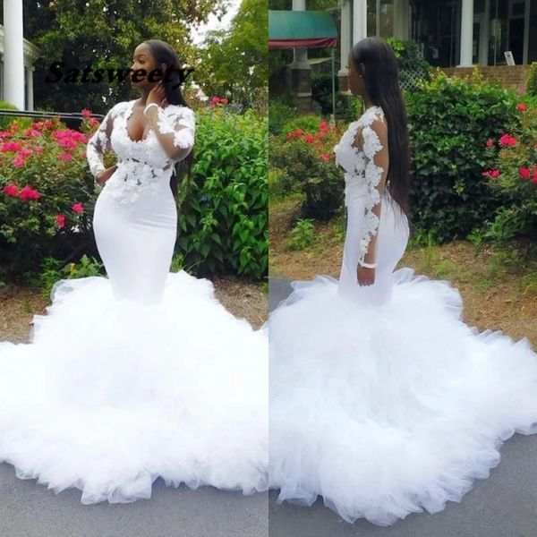 Image of ENM 698009924 african mermaid wedding dress ruffles 3d lace appliques plus size bride dresses illusion long sleeves bridal vestidos de novia