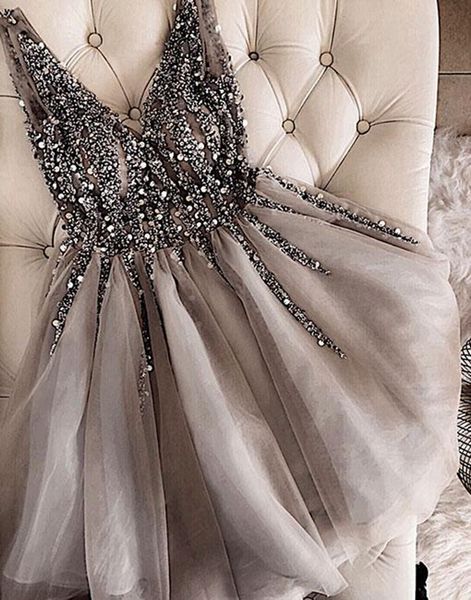 Image of ENM 698223338 gray cocktail dresses 2021 v-neck sparkles sequins beading tulle short prom dresses vestidos de gala women graduation gown robe