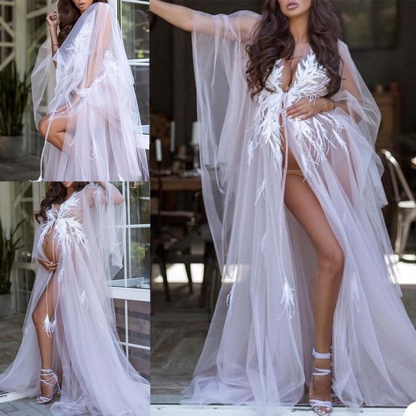 Image of ENM 699634897 chic ruffles women sleepwear maternity illusion tiered v neck long sleeve nightdress for pregnant party evening dress gowns