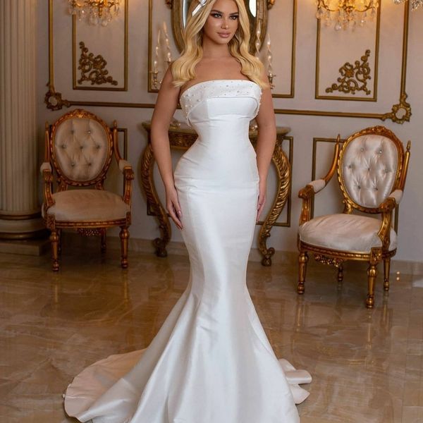Image of ENM 701735383 strapless satin mermaid wedding dresses pearls arabic bridal gowns sweep train elegant vestido de novia customise
