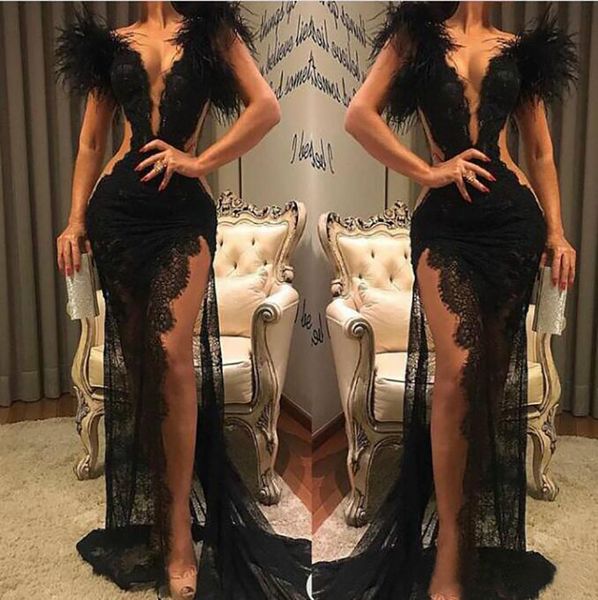Image of ENM 703987377 2021 black lace prom dress split formal party pageant wear sheath feather evening dresses v neck see through