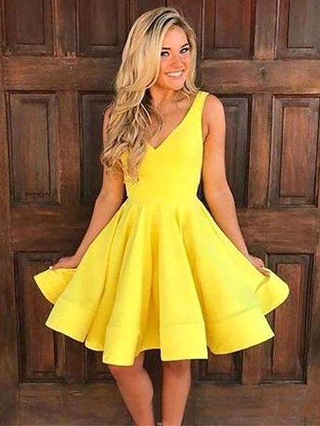 Image of ENM 705843298 2021 yellow v neck satin a line homecoming dresses ruched knee length short prom party cocktail dresses