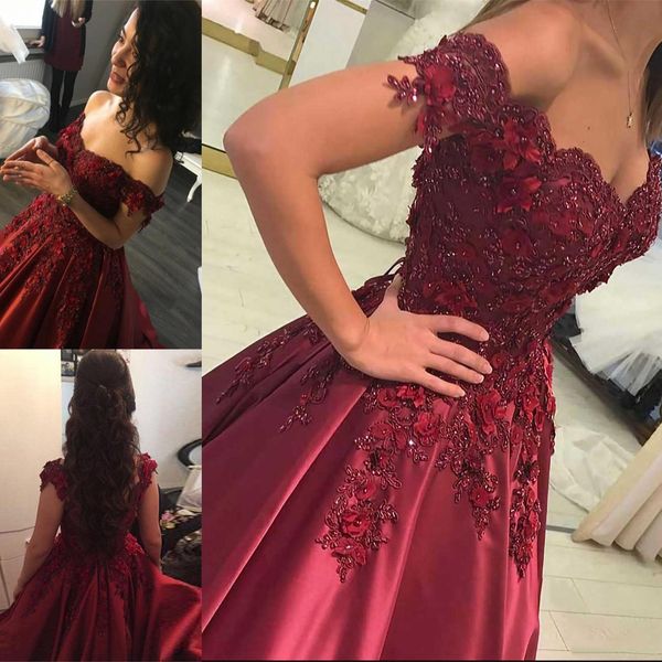 Image of ENM 706254624 2021 sweet 16 prom ball dresses long off the shoulder beaded lace appliques satin formal evening gowns women celebrity red carpet dress