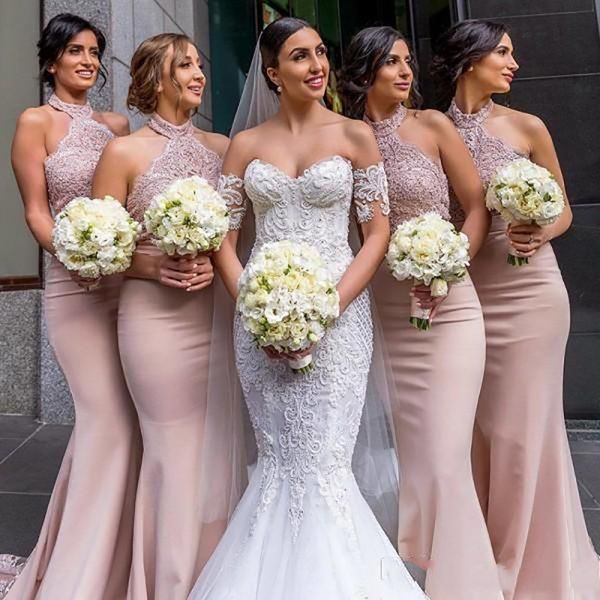 Image of ENM 712493585 2021 blush pink lace appliqued mermaid bridesmaid dresses halter backless wedding guest gown long formal party evening prom dresses gowns