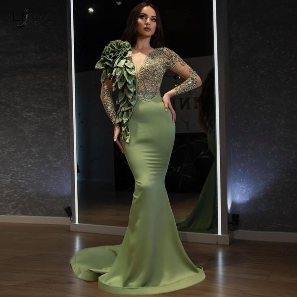 Image of ENM 712678639 designer fashion mermaid evening dress beading v neck long sleeves beaded ruffles prom dresses chic pageant event gown vestidos