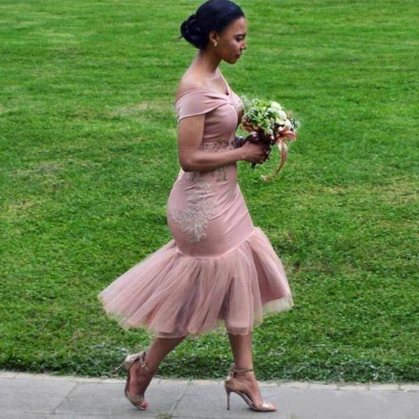 Image of ENM 712979502 dusty pink african mermaid bridesmaid dresses 2021 off the shoulder tea length maid of honor gowns short cocktail dresses