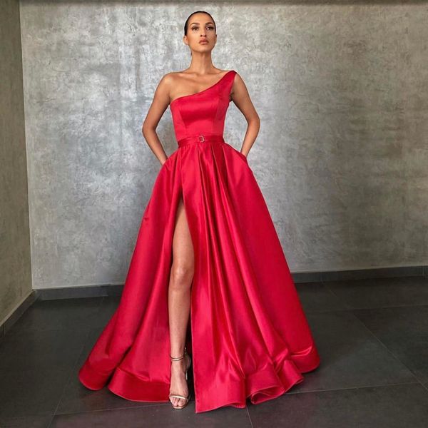 Image of ENM 713644122 red evening dresses 2021 with dubai middle east high split formal gowns party prom dress sash plus size vestidos de festa red carpet