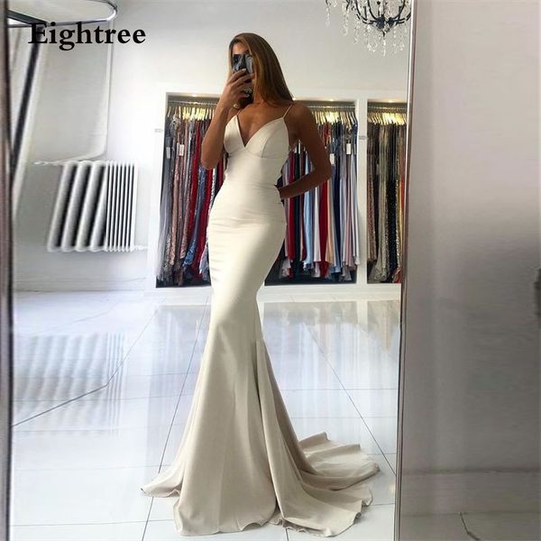 Image of ENM 713905109 ivory mermaid long formal evening dresses spaghetti strps v neck backless pleated party gown plus size prom dress