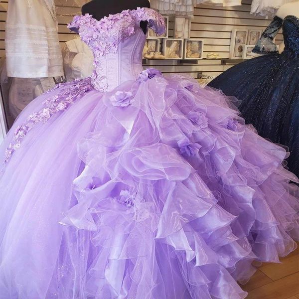 Image of ENM 714444016 2022 lavender quinceanera dresses mexican style flowers off the shoulder lace appliqued lace-up back beaded sweet 15 girls charro prom gowns