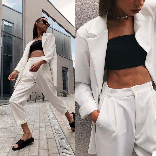Image of ENM 715376286 summe white women blazer suits bridal lady wear loose double breasted jacket 2 pieces party evening for wedding