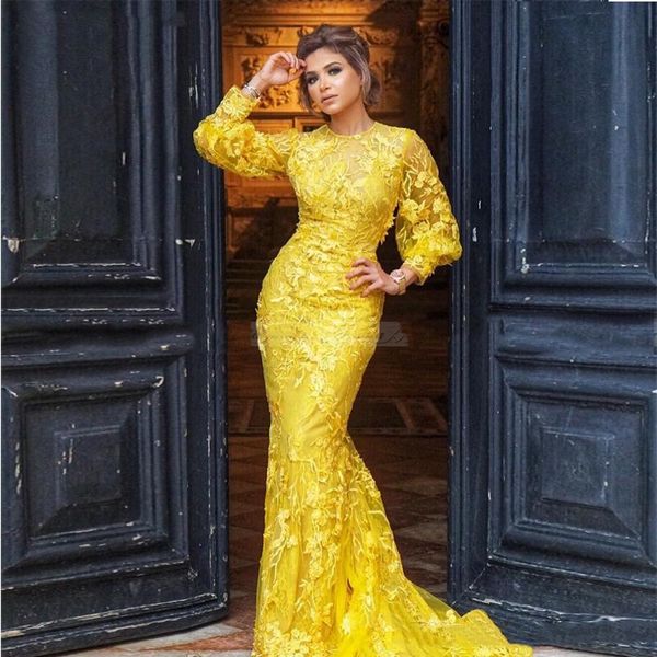 Image of ENM 715603470 luxury yellow lace long sleeve evening dresses mermaid 3d floral arabic celebrity prom dress plus size formal occasion party gonws