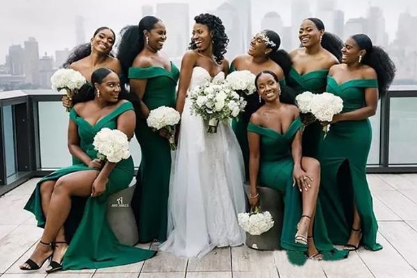 Image of ENM 716332537 2021 new dark green bridesmaid dresses off the shoulder side split maid of honor wedding guest gown formal evening dresses