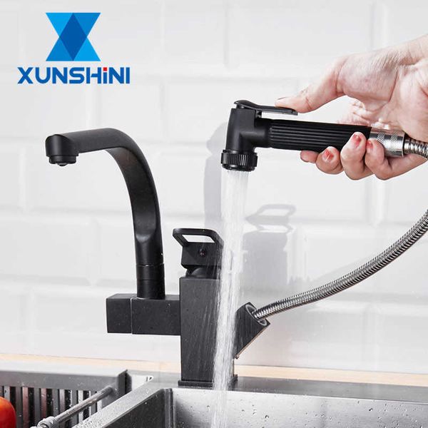 Image of ENM 716486452 xunshini 360 rotation kitchen faucet with pull out spray two handle and cold kitchen sink mixer washer dishwasher 210724