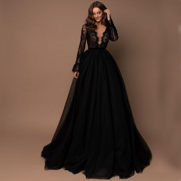 Image of ENM 719280240 v-neck lace appliques long sleeve belt tulle a-line zipper prom dresses 2021 women formal evening gowns robes de soirÃ©e
