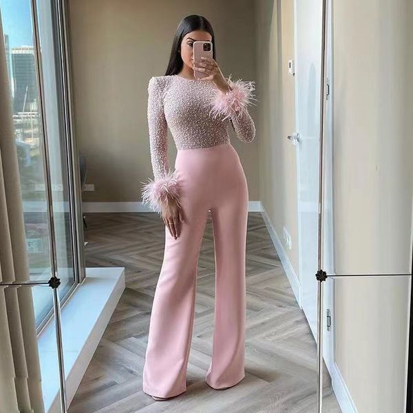 Image of ENM 720425364 luxury muslim light pink jumpsuit evening dresses beaded crystals pearls sequins feather long sleeves arabic dubai bride women formal party