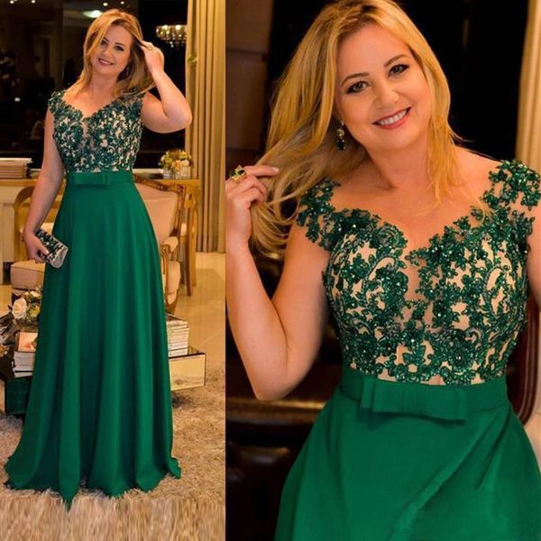 Image of ENM 721710174 dark green mother of the bride dresses sheer neck sparkly beaded lace bow belt long wedding party gowns formal evening dress plus size