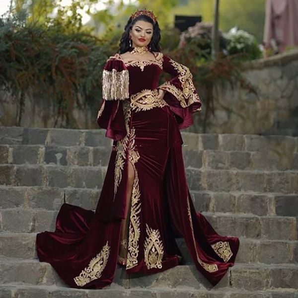 Image of ENM 721773505 moroccan caftan arabic evening dresses with detachable train appliques gold lace long sleeve mermaid velvet prom party gowns formal event dr