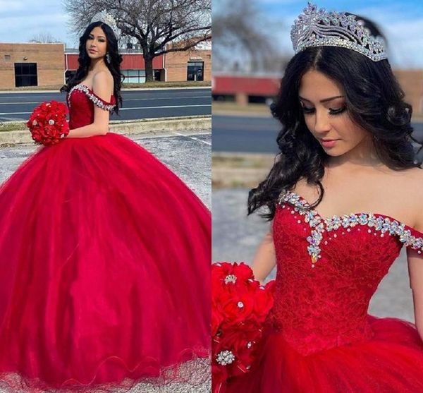 Image of ENM 722374037 retro crystals beaded red princess quinceanera dresses floor length lace ball gown brithday prom party gowns sweet 16 dress off the shoulder