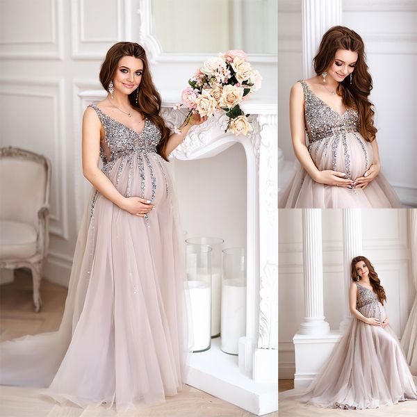 Image of ENM 722820586 glitter sequins tulle sleepwear robes maternity women v neck bridal ruffles pregnant woman pshoot dress sleeveless sheer party gowns