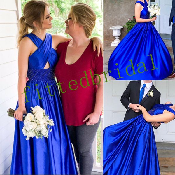 Image of ENM 725108567 plunging v neck beaded crystals prom dresses royal blue satin sleeveless evening gowns formal party wear plus size