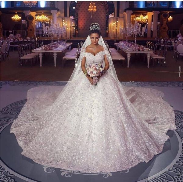 Image of ENM 726426873 arabic lace ball gown wedding dress off shoulder 3d floral appliques bridal gowns saudi plus size vestido de novia