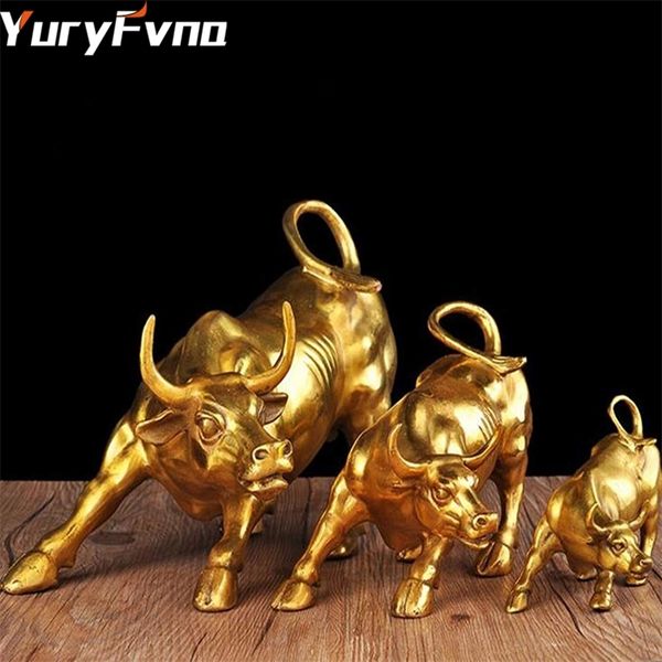 Image of ENM 726605081 yuryfvna 3 sizes golden wall street bull ox figurine sculpture charging stock market bull statue home office decoration gift 210910