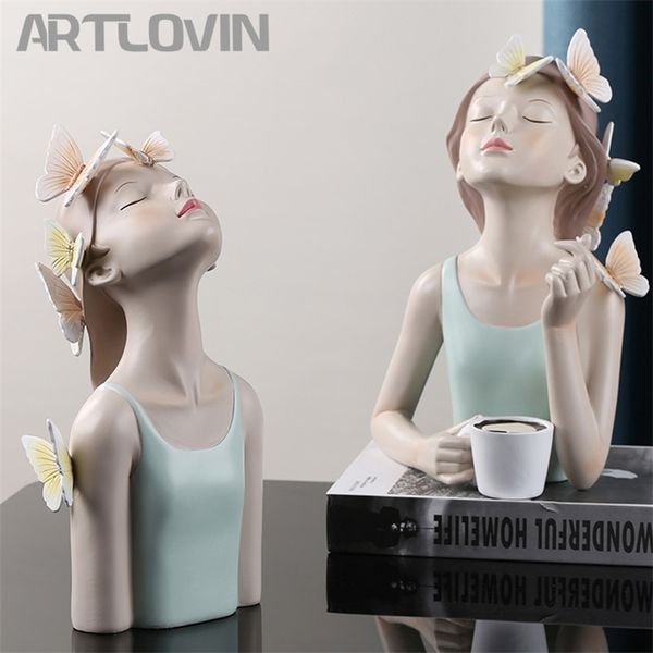Image of ENM 726607000 artlovin butterfly fairy figures girl figurines resin tablestatues creative characters with metal gold tray home decor craft 210910