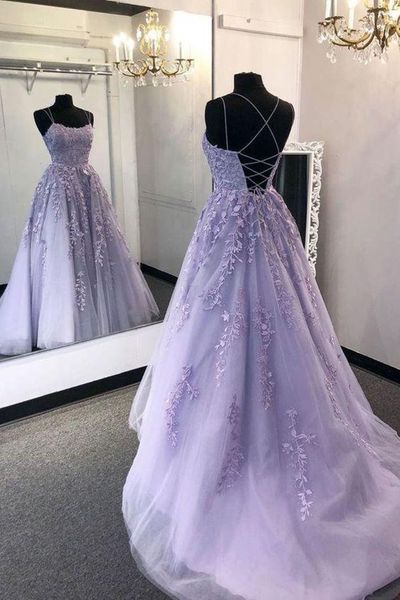 Image of ENM 728613612 purple lace spaghetti prom dress sleeveless a line evening gown graduation party formal dresses