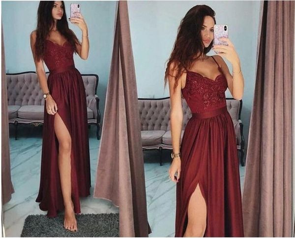 Image of ENM 729090884 split dark red long prom dress graduation party elastic satin formal for spaghetti evening gowns