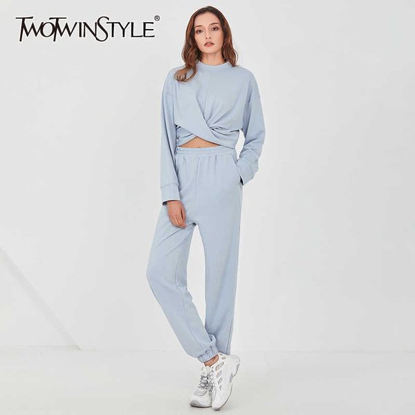 Image of ENM 730677047 twotyle casual two piece set for women o neck long sleeve cross ruched high waist wide leg pants loose sets female 210930