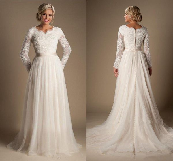 Image of ENM 731397748 2021 modest a-line beaded lace wedding dresses with long sleeves buttons up back chiffon bridal gowns wedding dress